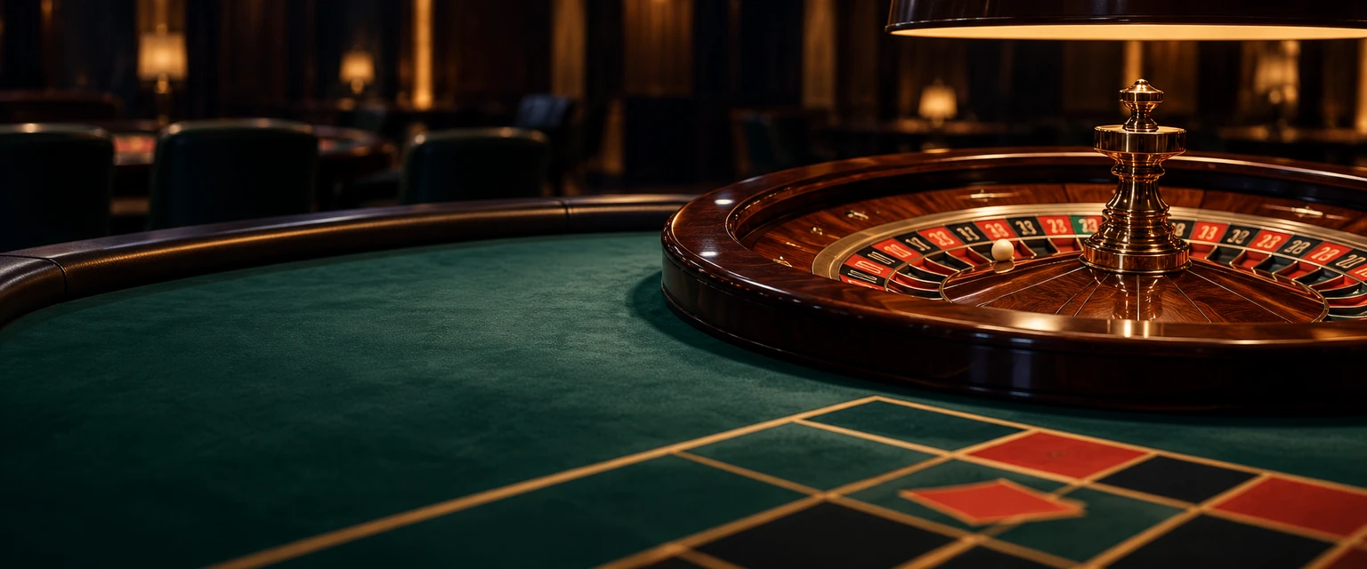Ruleta sobre una mesa de paño verde en un salón de iluminación cálida